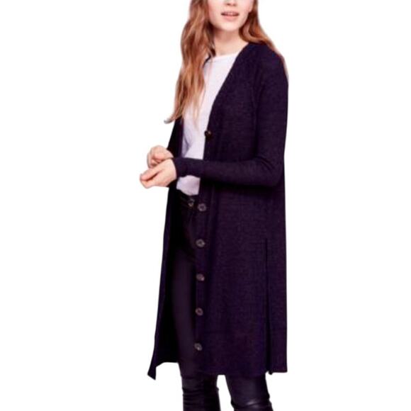 We the Free People Sparkle Button Up Duster Cardigan Size S Navy Blue Ribbed - Picture 2 of 9